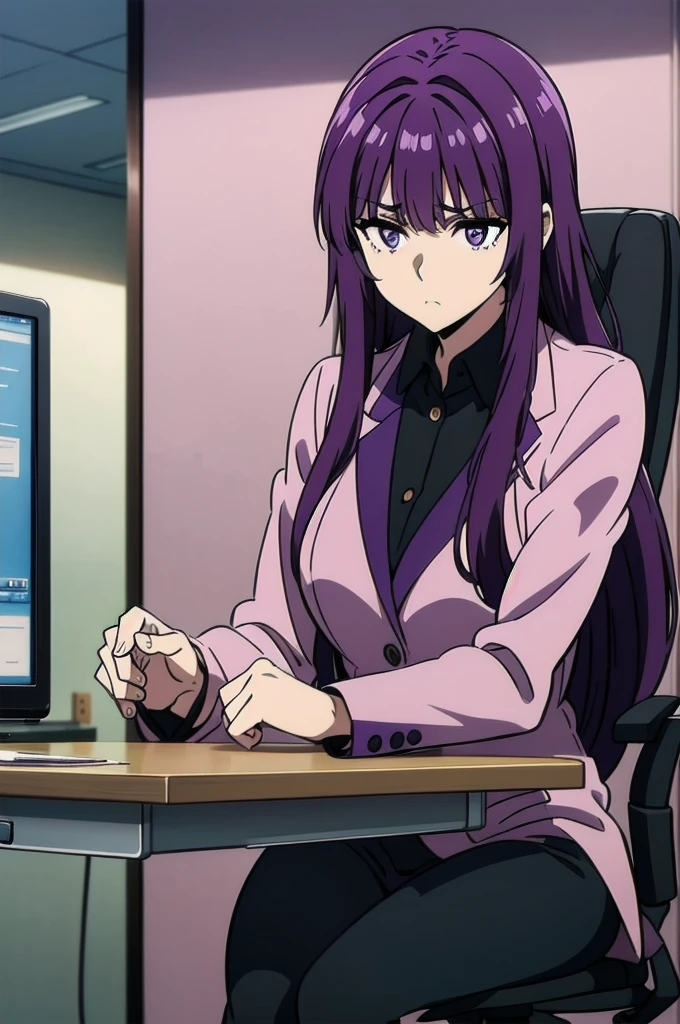 purple hair,,long hairpurple eyes,(((office suit,)))(disgust,looking disgusted, abhore),in the office,sitting on the office chair
