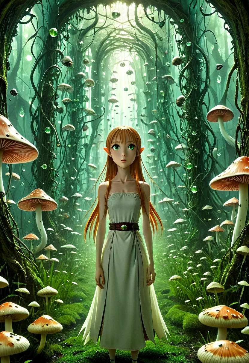 asuna, With her enormous green eyes she looks at the carnivorous mushrooms with an expression of amazement when she finds herself surrounded by hundreds of glass insects that have an impossible geometry.... All with the style of Tim Burton, in a kind of surreal dream.