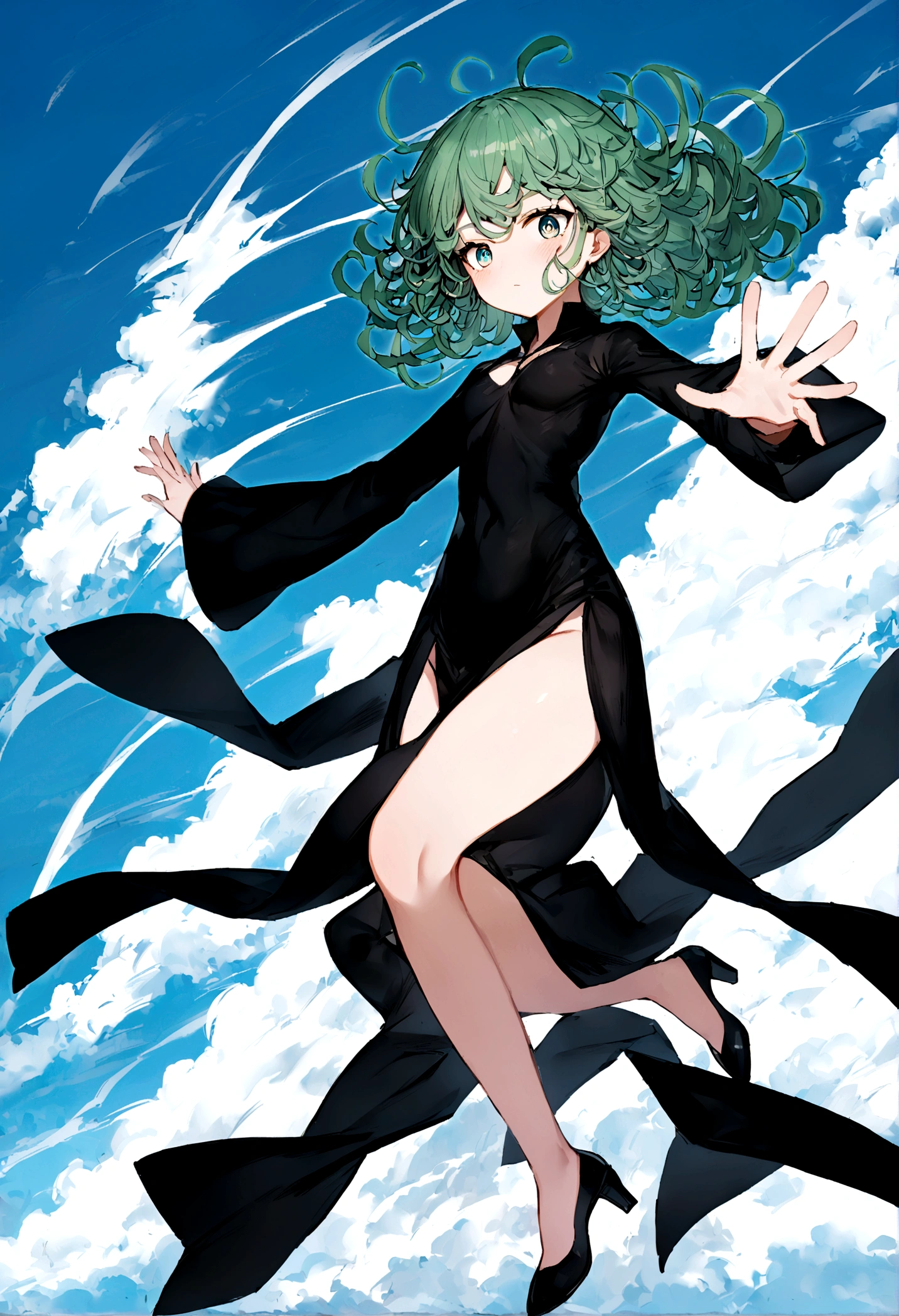 Create a digital image of a female character with wavy green hair, large, expressive eyes, wearing a short, tight-fitting black dress with long sleeves that extend into flowing bands. She's floating in the sky, with white clouds in the background and a bright blue sky. The character has a dynamic and confident pose, with one hand extended forward as if using special powers. The character's legs are clearly visible, showing a slight bruise on one of them, and she wears black high heel shoes.