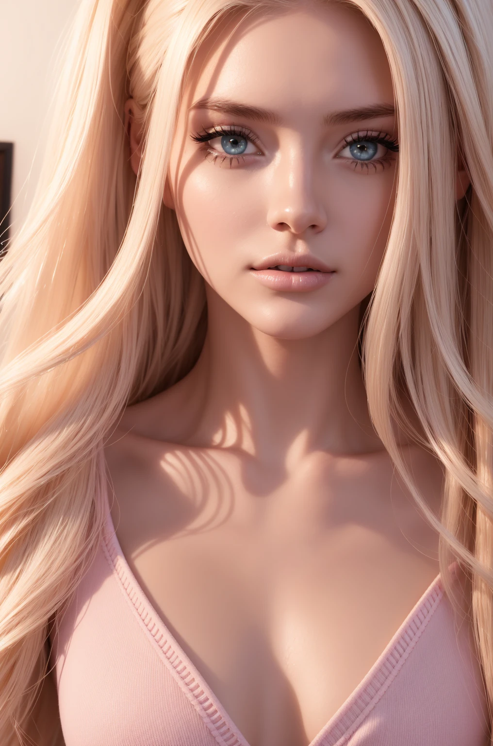 223yo, Skinny blonde girl, young, teen, in her bedroom, (highly detailed background, bedroom), wearing a crop top and jeans, pretty face, pink lips, cute, sweet, innocent, beautiful lighting, alone, shy, highly detailed face, (ultra realistic), realistic skin, makeup, lip filler, big pink bimbo lips, (bimbofication), cleavage, big ???, ((highly detailed face, detailed eyes, eye contact) seducing the camera 