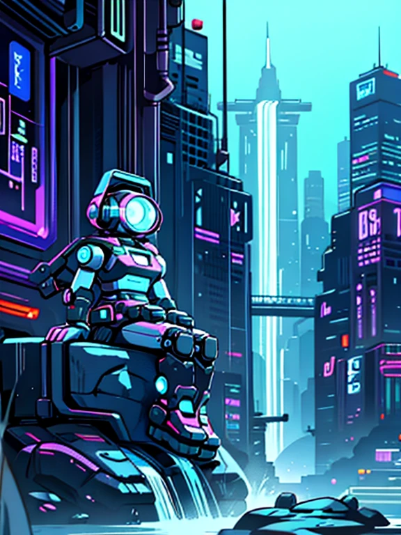 robot sitting on a rock, waterfall, , cyberpunk cityscape,