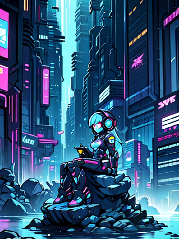 robot sitting on a rock, waterfall, , cyberpunk cityscape, 