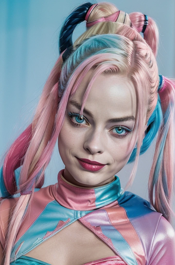 ((Harley Quinn)) ((dressed in pink and light blue)) ((pink and light blue background))((details)) ((Masterpiece)) ((Best Quality)) ((Identical to the actress Margot Robbie)) ((pale skin)) ((bright pink eyes)) ((wide)) 