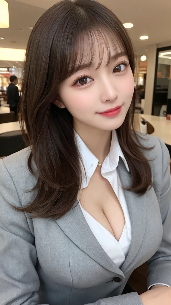 1 person、In detail, High resolution, Highest quality、Beautiful fine details, long hair, Natural color lip、Clear Skin、Shiny Hair、Tabletop, Super detailed, In detail, High resolution, 8K、Cute pose,Beautiful feet,Perfect beautiful face,KPOP idol faces,Ecstatic face、Cute face, collared white shirt、office lady suit、Jacket、smile、Shopping mall、Seduce、Close-up of face、Upper Body、Accentuate your breasts、I can see the valley、(breast squeeze:1.3)