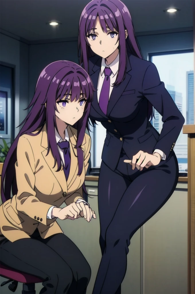 purple hair,,long hairpurple eyes,(((office suit,))),in the office,sitting on the office chair
