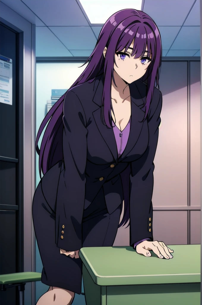 purple hair,,long hairpurple eyes,(((office suit,))),in the office,sitting on the office chair
