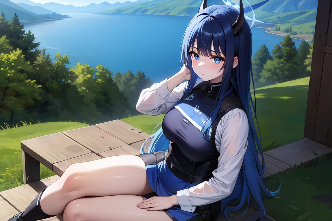 1girl,solo, saorijoumae, saori joumae, blue eyes, blue hair, halo, long hair, sitting, looking at viewer, adventurer clothes, light armor, horns, outdoors