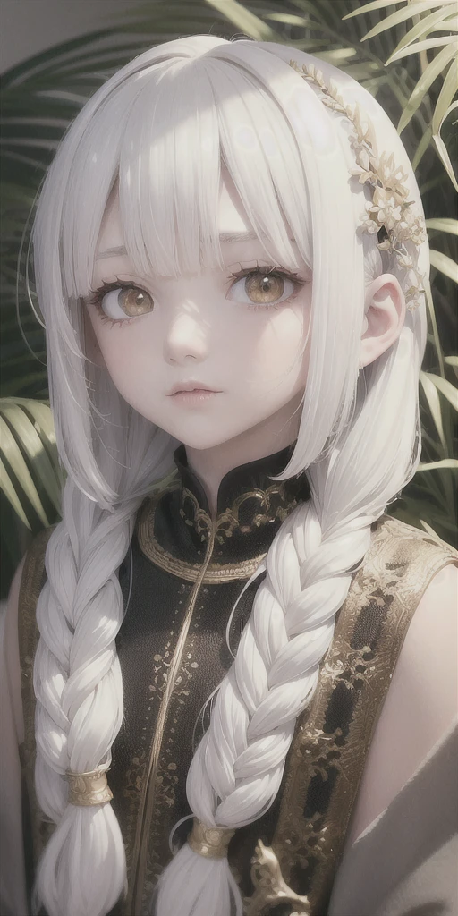 best quality, masterpiece,white hair, gold eyes,white clothes, looking up, upper body,hair strand,Fair skin,side braids