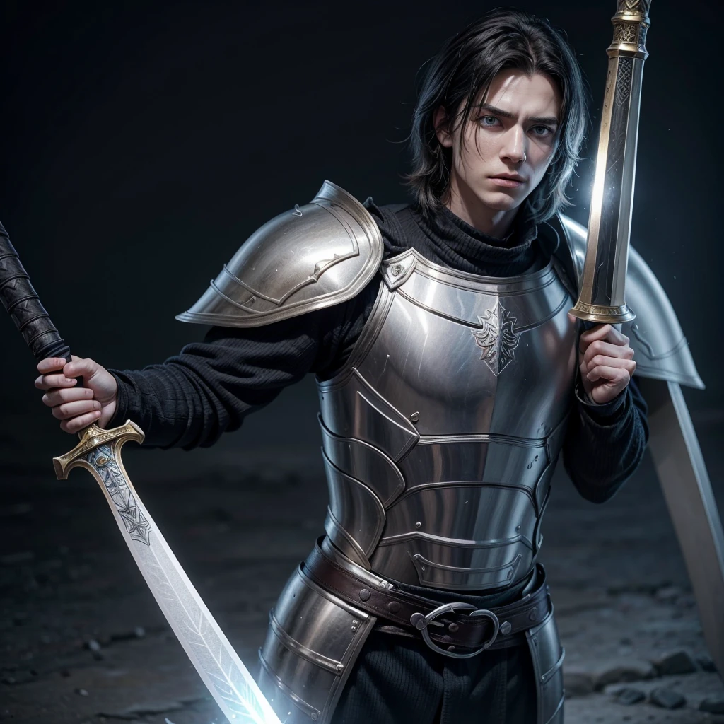 I want to create a paladin for my medieval RPG game, He has 1,84 m high, white skin but not too much, light blue eyes and pitch-black hair, his face is one of constant sadness and emptiness but at the same time gentle and kind, wears golden armor, a long sword and a shield.
His hair is medium length and he has a sad expression 