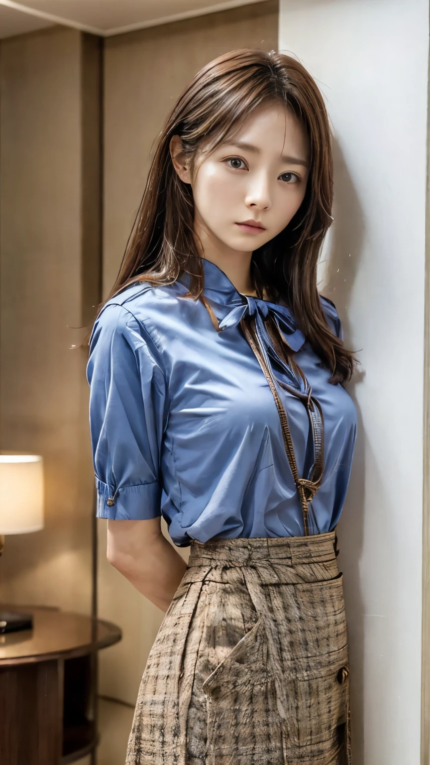 woman has her hands tied、Hands behind back、Hands crossed at the waist、His wrists were tied with rope.、Beauty、20talent、Wearing a short-sleeved blouse、Wearing a skirt、Inside the hotel room、Standing in front of a wall、Uniform eyes、Well-proportioned、Medium build、Small Bust、