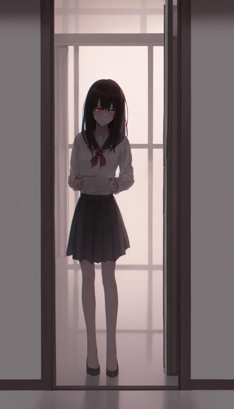 yandere woman, student aesthetics, is standing in front of the door, It&#39;s yandere.