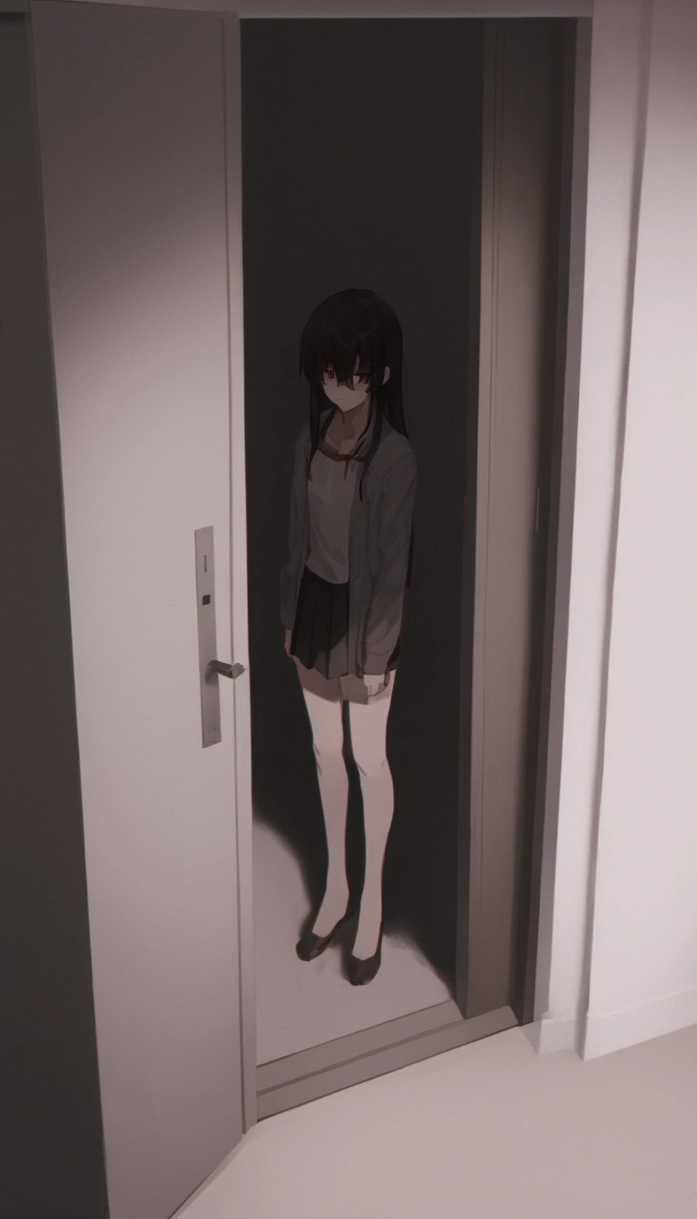 yandere woman, student aesthetics, is standing in front of the door, It's yandere.