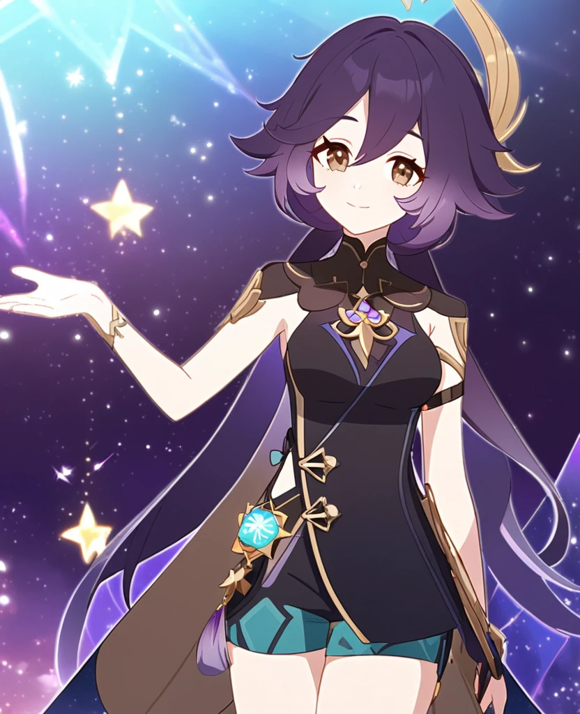 Make a Genshin Impact oc. Give her long brown, to purple ombre hair. Her vision/element is anemo. She has a star themed, teal, and black outfit. With shorts. Brown slender-ish eyes. She is very kind, and soft-hearted. She likes space and singing. Mature body. Slight head tilt, and smile. In Genshin style