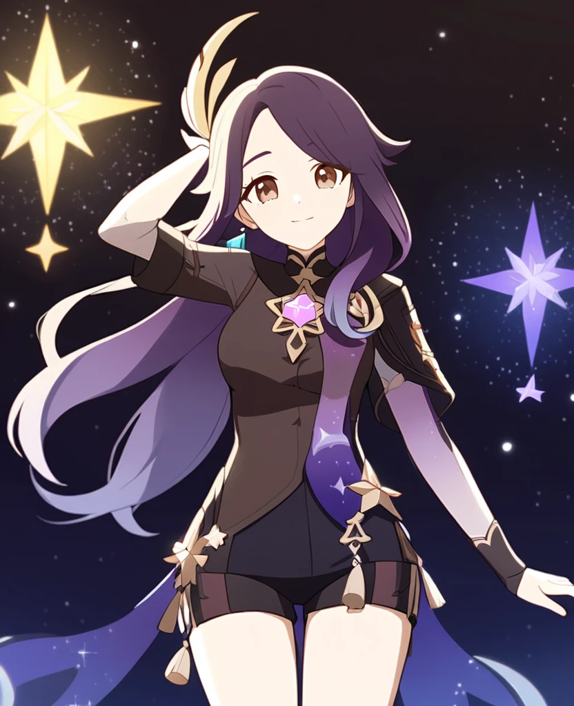 Make a Genshin Impact oc. Give her long brown, to purple ombre hair. Her vision/element is anemo. She has a star themed, teal, and black outfit. With shorts. Brown slender-ish eyes. She is very kind, and soft-hearted. She likes space and singing. Mature body. Slight head tilt, and smile. In Genshin style
