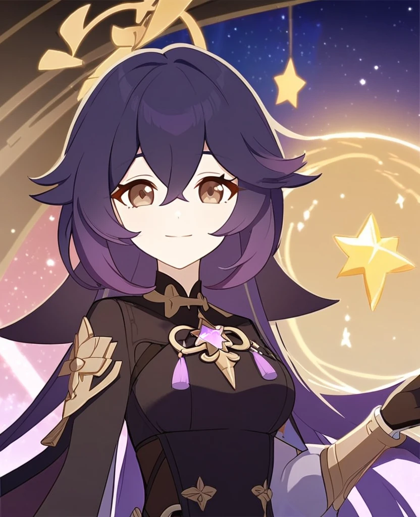 Make a Genshin Impact oc. Give her long brown, to purple ombre hair. Her vision/element is anemo. She has a star themed, teal, and black outfit. With shorts. Brown slender-ish eyes. She is very kind, and soft-hearted. She likes space and singing. Mature body. Slight head tilt, and smile. In Genshin style