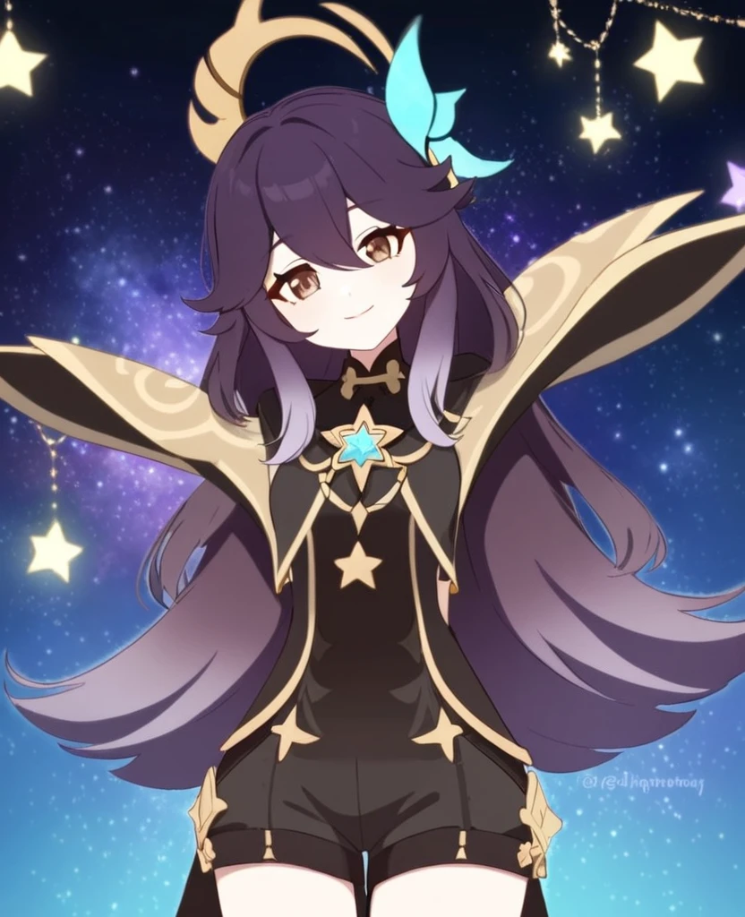 Make a Genshin Impact oc. Give her long brown, to purple ombre hair. Her vision/element is anemo. She has a star themed, teal, and black outfit. With shorts. Brown slender-ish eyes. She is very kind, and soft-hearted. She likes space and singing. Mature body. Slight head tilt, and smile. In Genshin style
