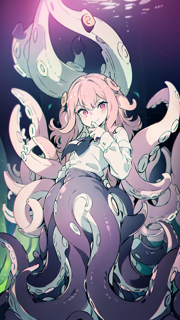 ((best quality)), ((highly detailed)), absurdres, (detailed eyes, deep eyes),(1girl,20 years old,solo,mature female),long hair,pink hair,(((white shirt,black standart tie,black skirt))),dynamic pose, cowboy shot, (((scylla))), (((octopus girl))), standing, (tentacles:1.33), (suction cups:1.33), (fused:1.33), ((tentacle legs)), squidlegs, ((underwater,sea, aurora,night)), serious,graceful,best hands
