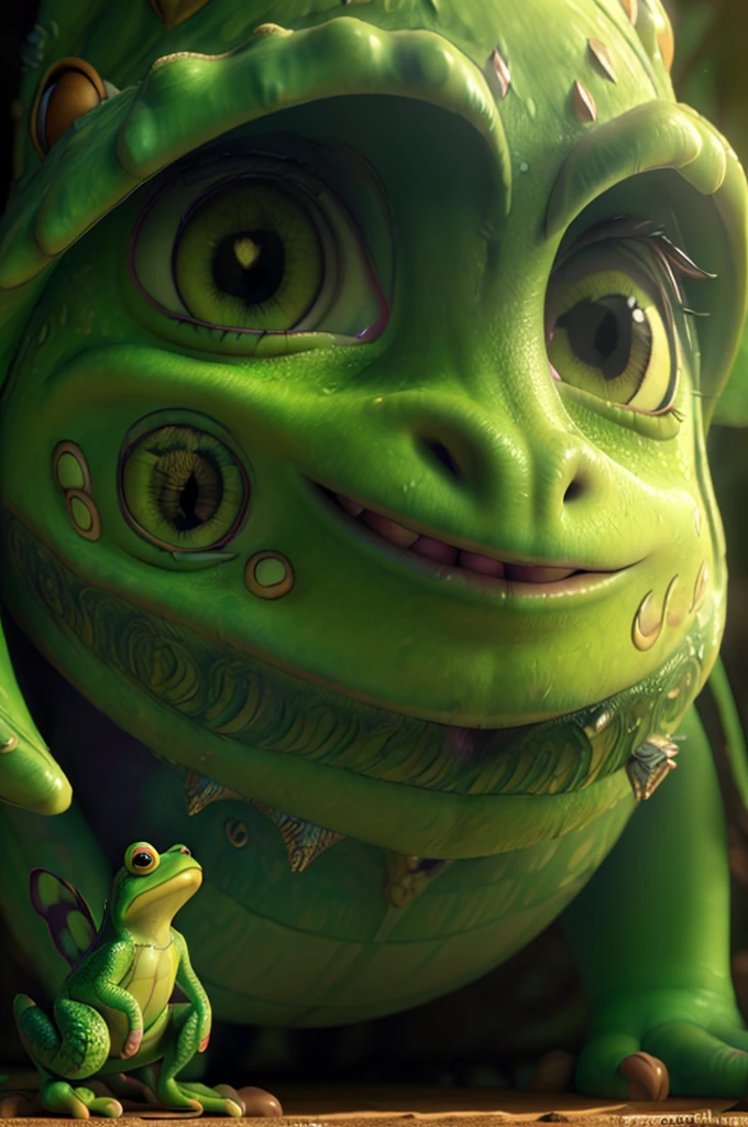 (giant frog prince on a beanstalk,highly detailed, cinematic lighting, fantasy art, 4k, ultra-detailed, realistic, photo-realistic, beautiful detailed eyes, beautiful detailed lips, extremely detailed eyes and face, long eyelashes, beautiful vibrant colors, dramatic lighting, epic scale, magical elements, intricate details, lush vegetation, dramatic angles, cinematic composition, masterpiece)