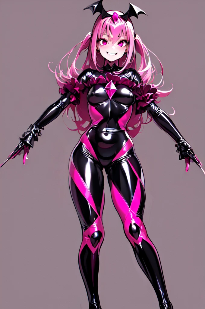 1 Girl, bad_end_Pretty Cure, bad_end_Happy,Pink Hair, Pink Eyes, Ruffled bodysuit, Are standing, Finding, jump, magic, Masterpiece Therapy_Happy, Red Gem、Wicked Smile, Dark world background, ,deep shaded face,sadistic smile,Malice,contempt,laugh at,latex,bad顔