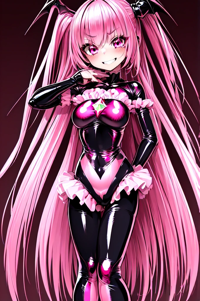 1 Girl, bad_end_Pretty Cure, bad_end_Happy,Pink Hair, Pink Eyes, Ruffled bodysuit, Are standing, Finding, jump, magic, Masterpiece Therapy_Happy, Red Gem、Wicked Smile, Dark world background, ,deep shaded face,sadistic smile,Malice,contempt,laugh at,latex,bad顔