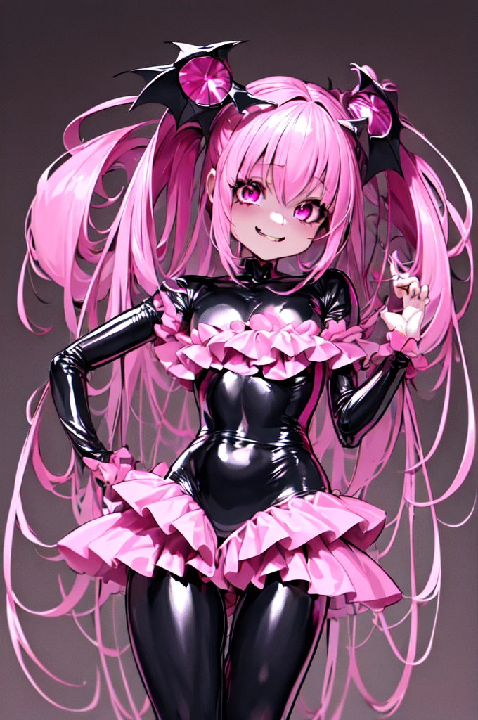 1 Girl, bad_end_Pretty Cure, bad_end_Happy,Pink Hair, Pink Eyes, Ruffled bodysuit, Are standing, Finding, jump, magic, Masterpiece Therapy_Happy, Red Gem、Wicked Smile, Dark world background, ,deep shaded face,sadistic smile,Malice,contempt,laugh at,latex,bad顔