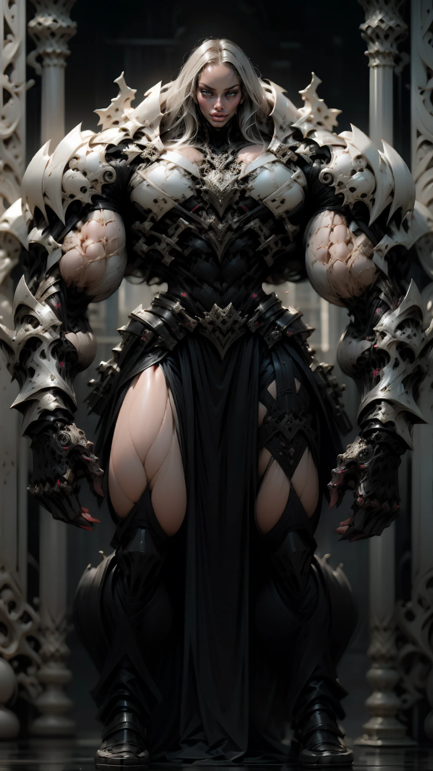 (masterpiece:1.1), (best quality:1.1), (ornate:1.1), (monochrome:1.3), (black and white:1.3), BREAK, (horror:1.0), (esoteric:1.1), (solo:1.4), (dynamic angle:1.0), (cowboy shot:1.0), (woman:1.1),(very muscular bodybuilder girl:1.25), (huge upper body:1.25), (narrow :1.0), long hair, (gothic intricate vampiric armor:1.25), ((full body front view)), (gauntlets:1.0), (shoulder armor:1.1), ((tarot style frame))