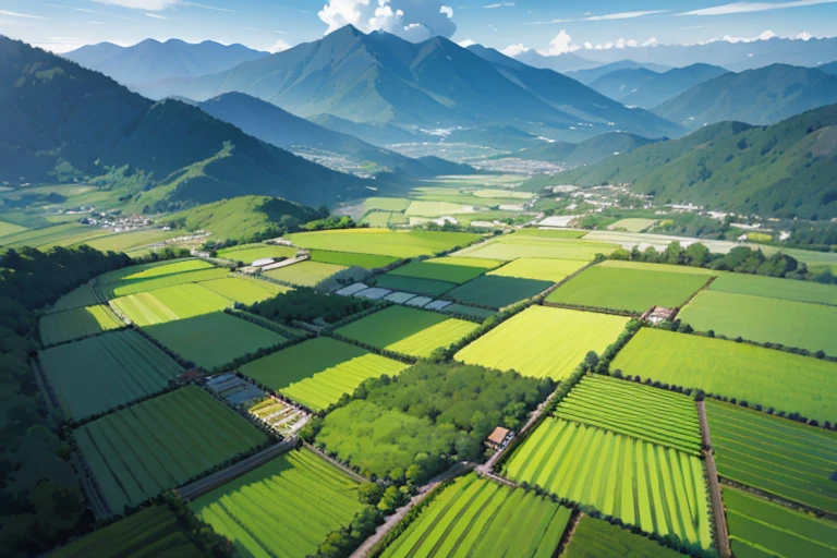 Japanese mountains, Japanese forests, Japanese rice fields (0.5), houses, paths, background only, Angle from above,
High angle