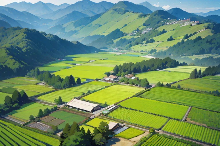 Japanese mountains, Japanese forests, Japanese rice fields (0.5), houses, paths, background only, Angle from above,
High angle
