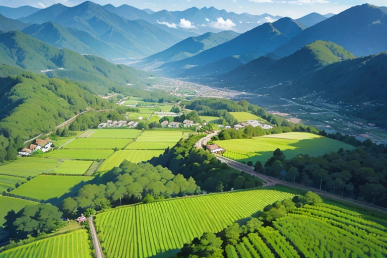 Japanese mountains, Japanese forests, Japanese rice fields (0.5), houses, paths, background only, Angle from above,
High angle