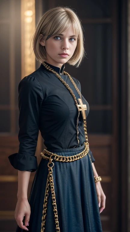 front view, cowboy shot, Denmark female, 20 years-old, (gold hair, shortcut-hair, detailed blue eye, Detailed pretty face,cutey lip ) ,normal body, Catholic, Black Sister uniform and  (long skirt:1.3), (The body is gold cross by chain:1.3)， Steampunk, Gear, Black stockings,fantasy, Global illumination, back lit lighting, full bloom, ((Cold light)), Sharp focus, photograph realistic, Detailed skin, background out of focus, Cinematic composition , Ultra-detailed, Realistic , Hyper-realistic , volumetric lighting, 8K, trending on attestation