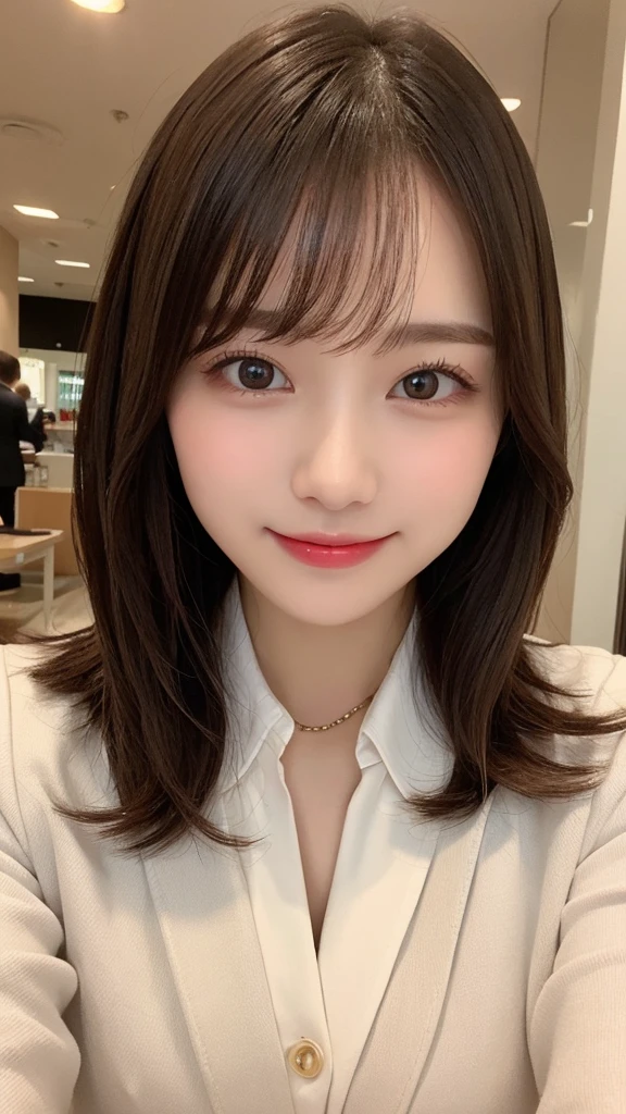 1 person、In detail, High resolution, Highest quality、Beautiful fine details, long hair, Natural color lip、Clear Skin、Shiny Hair、Tabletop, Super detailed, In detail, High resolution, 8K、Cute pose,Beautiful feet,Perfect beautiful face,KPOP idol faces,Ecstatic face、Cute face, collared white shirt、office lady suit、Jacket、smile、Shopping mall、Seduce、Close-up of face、Upper Body、Accentuate your breasts