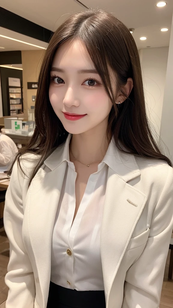 1 person、In detail, High resolution, Highest quality、Beautiful fine details, long hair, Natural color lip、Clear Skin、Shiny Hair、Tabletop, Super detailed, In detail, High resolution, 8K、Cute pose,Beautiful feet,Perfect beautiful face,KPOP idol faces,Ecstatic face、Cute face, collared white shirt、office lady suit、Jacket、smile、Shopping mall、Seduce、Close-up of face、Upper Body、Accentuate your breasts