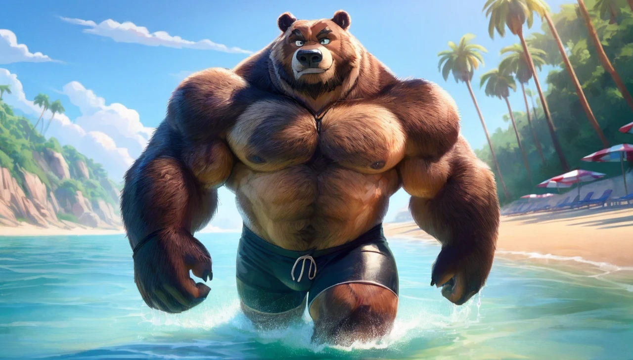 solo, 1boy, Huge Muscular Old Grizzly Bear wearing glasses , pectoral, huge pectoral, wide pectoral, brown fur, short white hair, short black competitive briefs, wristbands and shirtless topless, bearded, Mustache, muscle beach background, masterpiece, high detailed, 8k, high resolution, at the muscle beach working out his chests on the cable crossover, machine carrying over 100lbs and 45kgs stacks of heavy weights, pulling the wires, pumping it up chest
