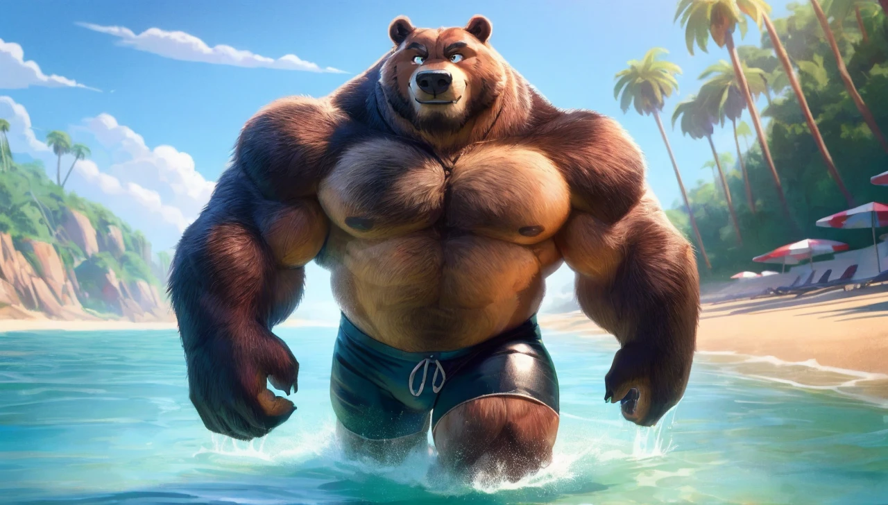 solo, 1boy, Huge Muscular Old Grizzly Bear wearing glasses , pectoral, huge pectoral, wide pectoral, brown fur, short white hair, short black competitive briefs, wristbands and shirtless ???????, bearded, Mustache, muscle beach background, masterpiece, high detailed, 8k, high resolution, at the muscle beach working out his chests on the cable crossover, machine carrying over 100lbs and 45kgs stacks of heavy weights, pulling the wires, pumping it up chest