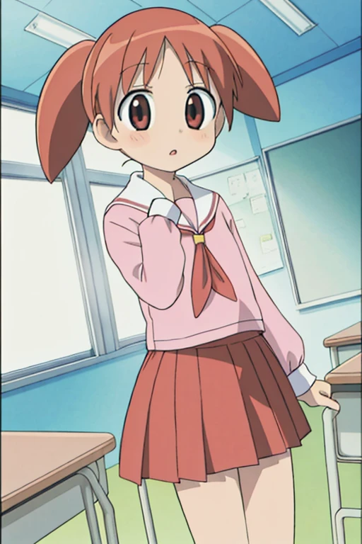 masterpiece, best quality, highres,1girl, chiyo,(petite,chibi),high twintail, manga,comic,cute pose,dynamic angle,classroom,  Light pink Shirt, Red skirt, 