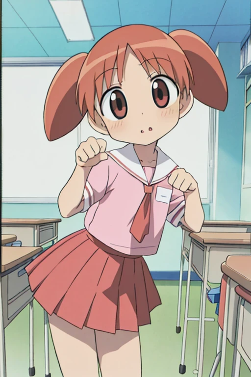 masterpiece, best quality, highres,1girl, chiyo,(petite,chibi),high twintail, manga,comic,cute pose,dynamic angle,classroom, Light pink Shirt, Red skirt,