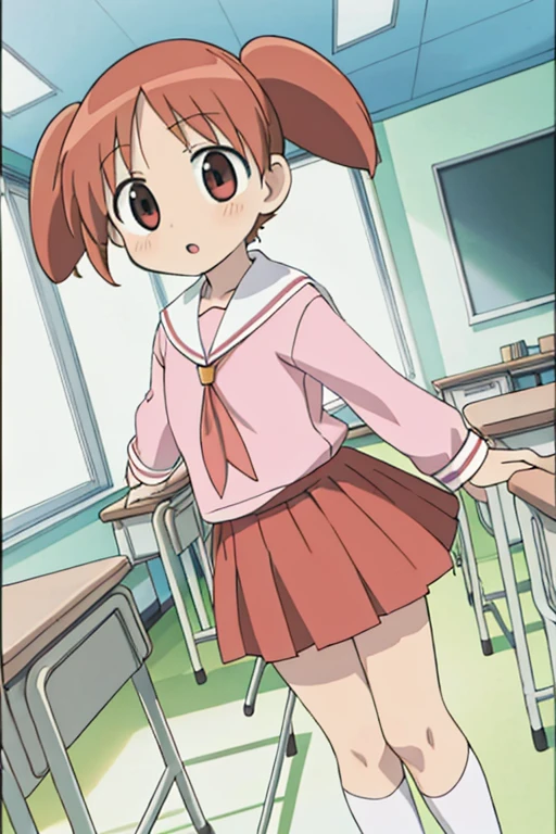 masterpiece, best quality, highres,1girl, chiyo,(petite,chibi),high twintail, manga,comic,cute pose,dynamic angle,classroom, Light pink Shirt, Red skirt,