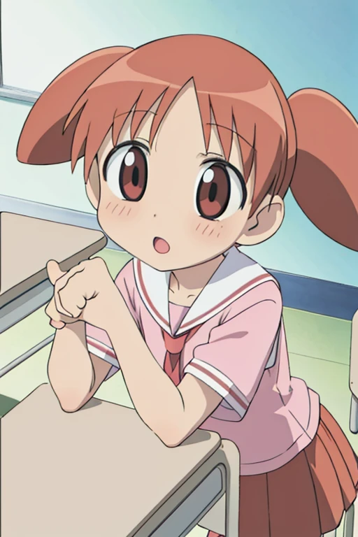 masterpiece, best quality, highres,1girl, chiyo,(petite,chibi),high twintail, manga,comic,cute pose,dynamic angle,classroom, Light pink Shirt, Red skirt,