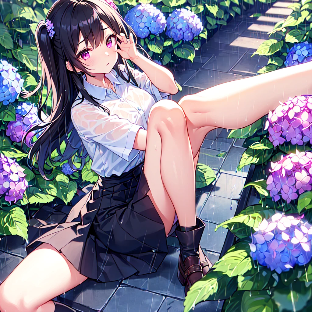 MASTERPIECE, best quality, high quality, extremely detailed, very delicate and beautiful, (1 female 18 years old solo: 1.2), (long black hair, two-side up to waist: 1.4), fringes to eyebrows, eyes. (eyes sharp, strong glossy glossy eyes, eyebrows glossy, (eye colour magenta: 1.3), 6.5 head tall, (shirt: 1.3), skirt, knee socks, lace, (melancholy expression), (hands folded), (dynamic pose), (background hydrangea garden: 1.3), (rain: 1.3).