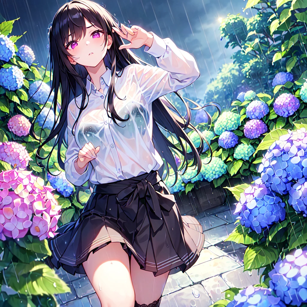MASTERPIECE, best quality, high quality, extremely detailed, very delicate and beautiful, (1 female 18 years old solo: 1.2), (long black hair, two-side up to waist: 1.4), fringes to eyebrows, eyes. (eyes sharp, strong glossy glossy eyes, eyebrows glossy, (eye colour magenta: 1.3), 6.5 head tall, (shirt: 1.3), skirt, knee socks, lace, (melancholy expression), (hands folded), (dynamic pose), (background hydrangea garden: 1.3), (rain: 1.3).