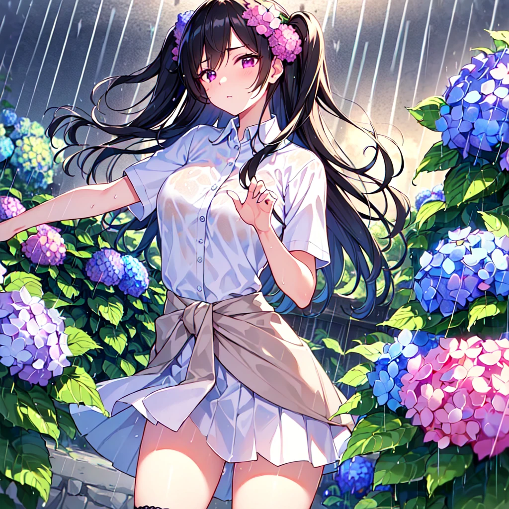 MASTERPIECE, best quality, high quality, extremely detailed, very delicate and beautiful, (1 female 18 years old solo: 1.2), (long black hair, two-side up to waist: 1.4), fringes to eyebrows, eyes. (eyes sharp, strong glossy glossy eyes, eyebrows glossy, (eye colour magenta: 1.3), 6.5 head tall, (shirt: 1.3), skirt, knee socks, lace, (melancholy expression), (hands folded), (dynamic pose), (background hydrangea garden: 1.3), (rain: 1.3).