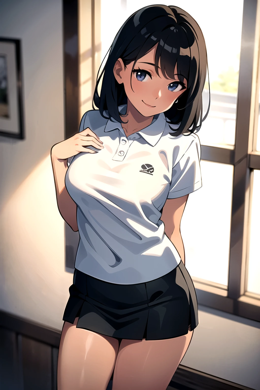 ((best quality)), ((masterpiece)), (detailed), 1girl, sexy1 person、 girls、White polo shirt、mini skirt、Black Hair Semi-Long、White collar、Short sleeve、smile、Brown Skin、An illustration,