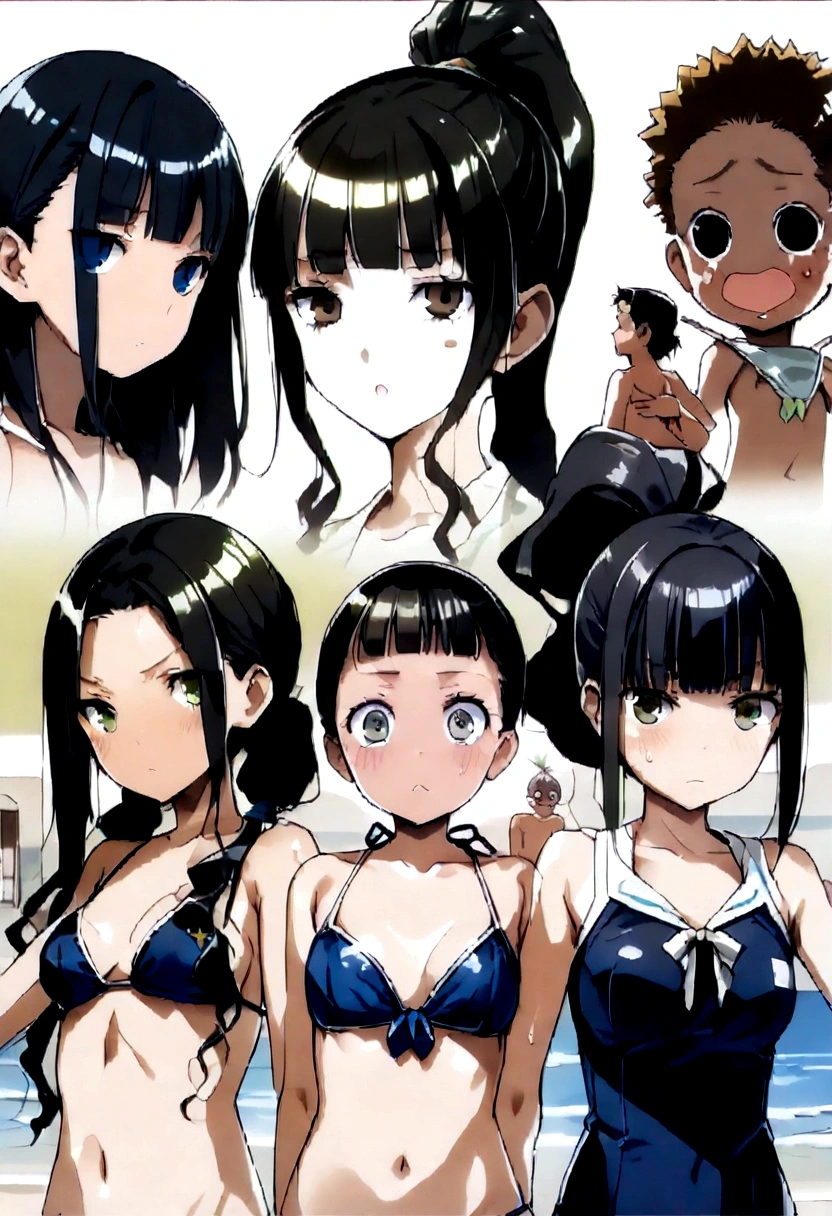 Navy blue school swimwear,ponytail、blunt bangs、Black Hair、super fine illustration,(((beautiful fine hair))),(((beautiful fine face))),(((beautiful fine background))),Midsummer、beachBlack Hair、student、bikini、ponytail、blunt bangs、Cross-eyed