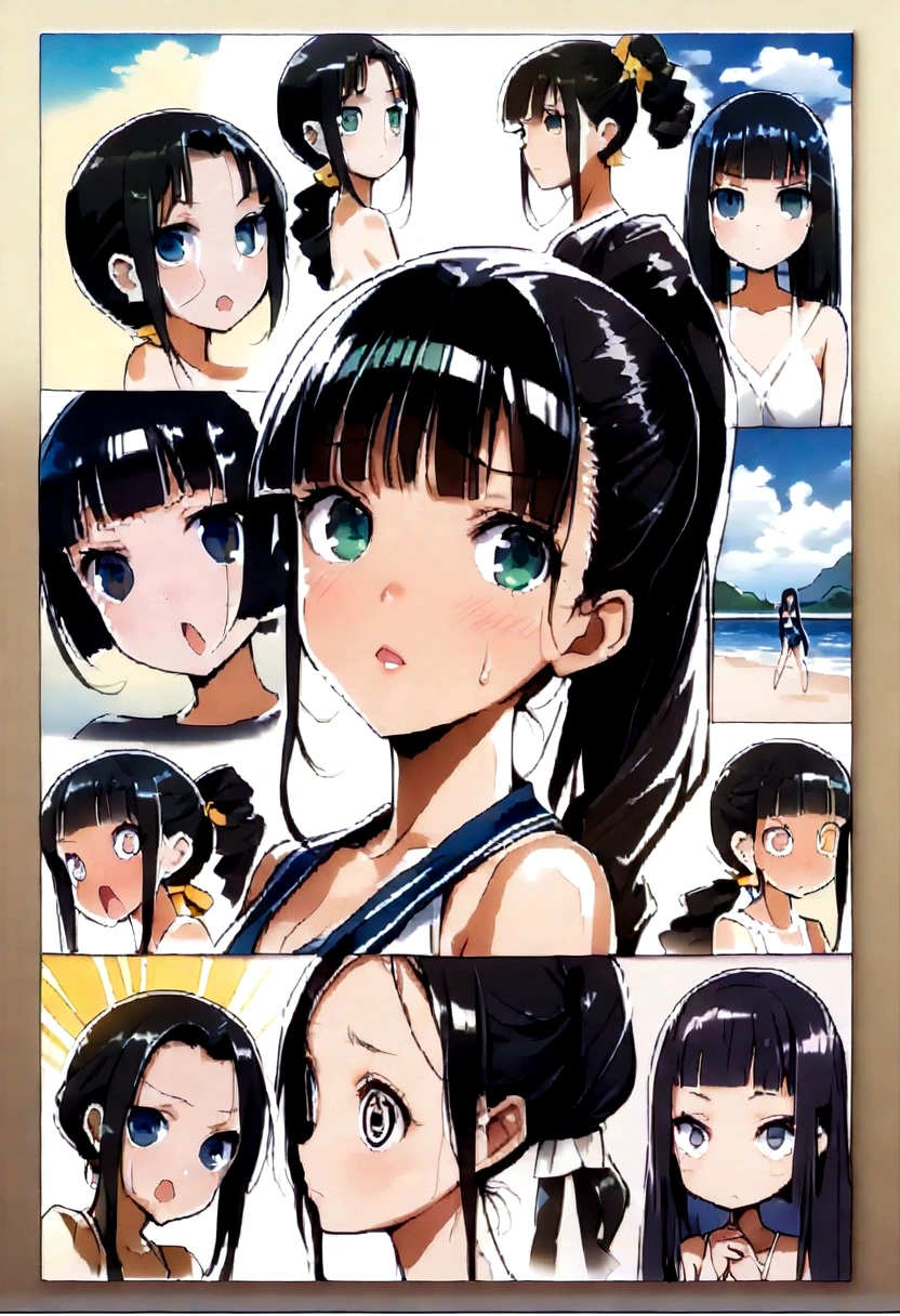 Navy blue school swimwear,ponytail、blunt bangs、Black Hair、super fine illustration,(((beautiful fine hair))),(((beautiful fine face))),(((beautiful fine background))),Midsummer、beachBlack Hair、student、bikini、ponytail、blunt bangs、Cross-eyed