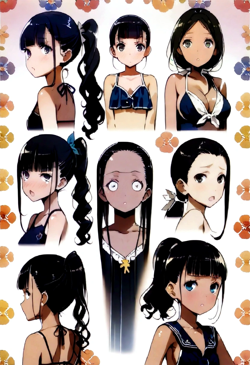 Navy blue school swimwear,ponytail、blunt bangs、Black Hair、super fine illustration,(((beautiful fine hair))),(((beautiful fine face))),(((beautiful fine background))),Midsummer、beachBlack Hair、student、bikini、ponytail、blunt bangs、Cross-eyed
