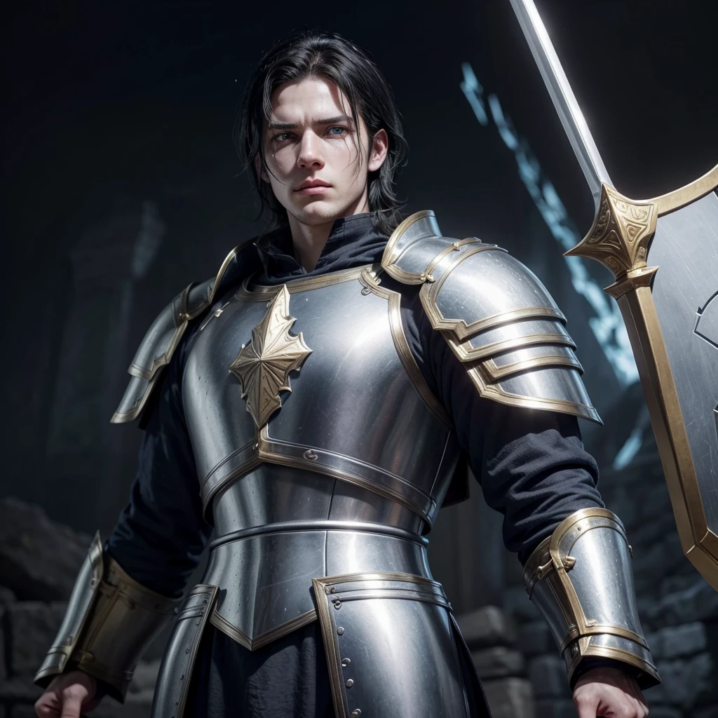 I want to create a paladin for my medieval RPG game, He has 1,84 m high, white skin but not too much, light blue eyes and pitch-black hair, his face is one of constant sadness and emptiness but at the same time gentle and kind, wears golden armor, a long sword and a shield.