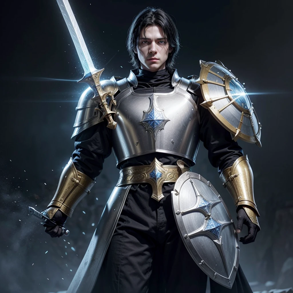 I want to create a paladin for my medieval RPG game, He has 1,84 m high, white skin but not too much, light blue eyes and pitch-black hair, his face is one of constant sadness and emptiness but at the same time gentle and kind, wears golden armor, a long sword and a shield.