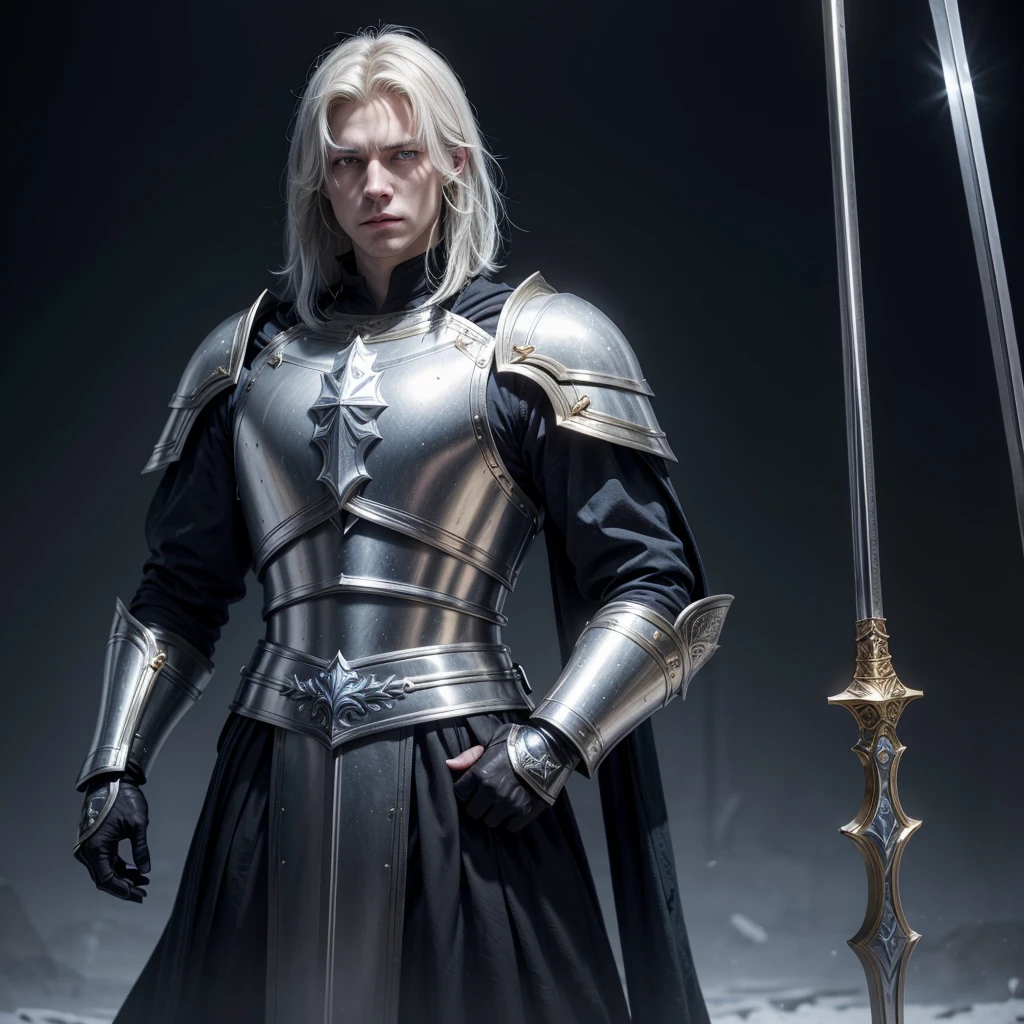 I want to create a paladin for my medieval RPG game, He has 1,84 m high, white skin but not too much, light blue eyes and pitch-black hair, his face is one of constant sadness and emptiness but at the same time gentle and kind, wears golden armor, a long sword and a shield.