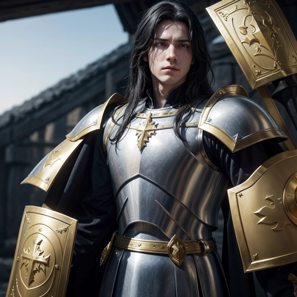 I want to create a paladin for my medieval RPG game, He has 1,84 m high, white skin but not too much, light blue eyes and pitch-black hair, his face is one of constant sadness and emptiness but at the same time gentle and kind, wears golden armor, a long sword and a shield.