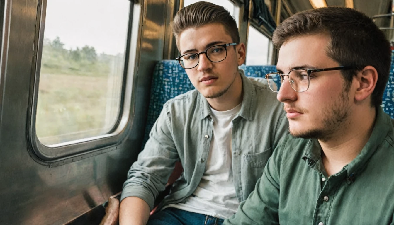 A twenty-year-old young man wearing glasses is sitting on a train, looking out the window His His father  is sitting next to him talking to him 